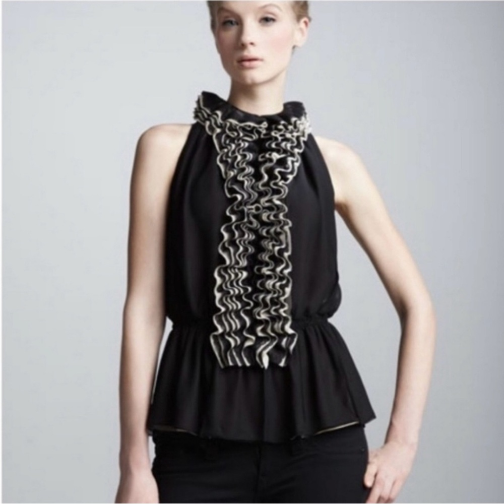Neiman Marcus Robert Rodriguez Black and Cream Ruffle Top